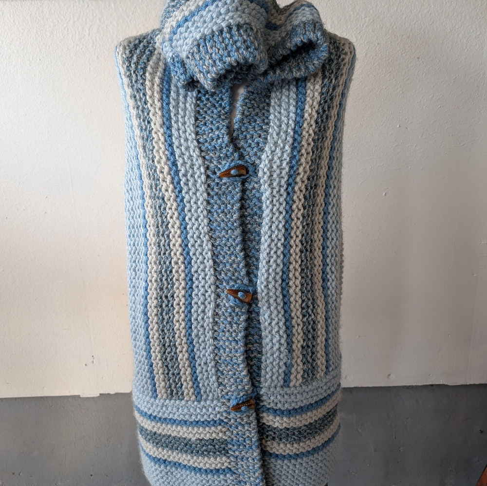 Hand Knitted Hooded Blue White Cozy Sweater Coat Oversized Bohemian XL - Picture 3 of 7